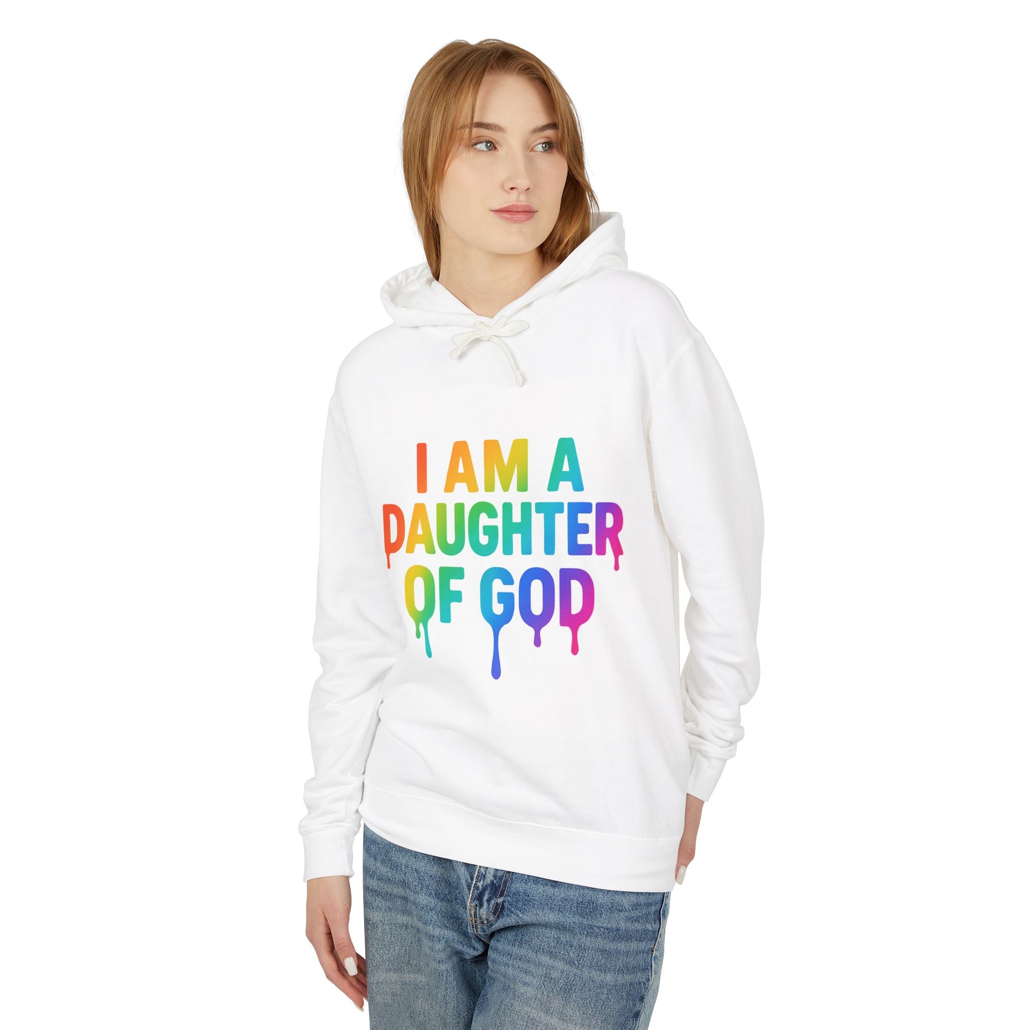 Daughter of God Hoodie — Rainbow "I Am a Daughter of God" with John 1:12 Back